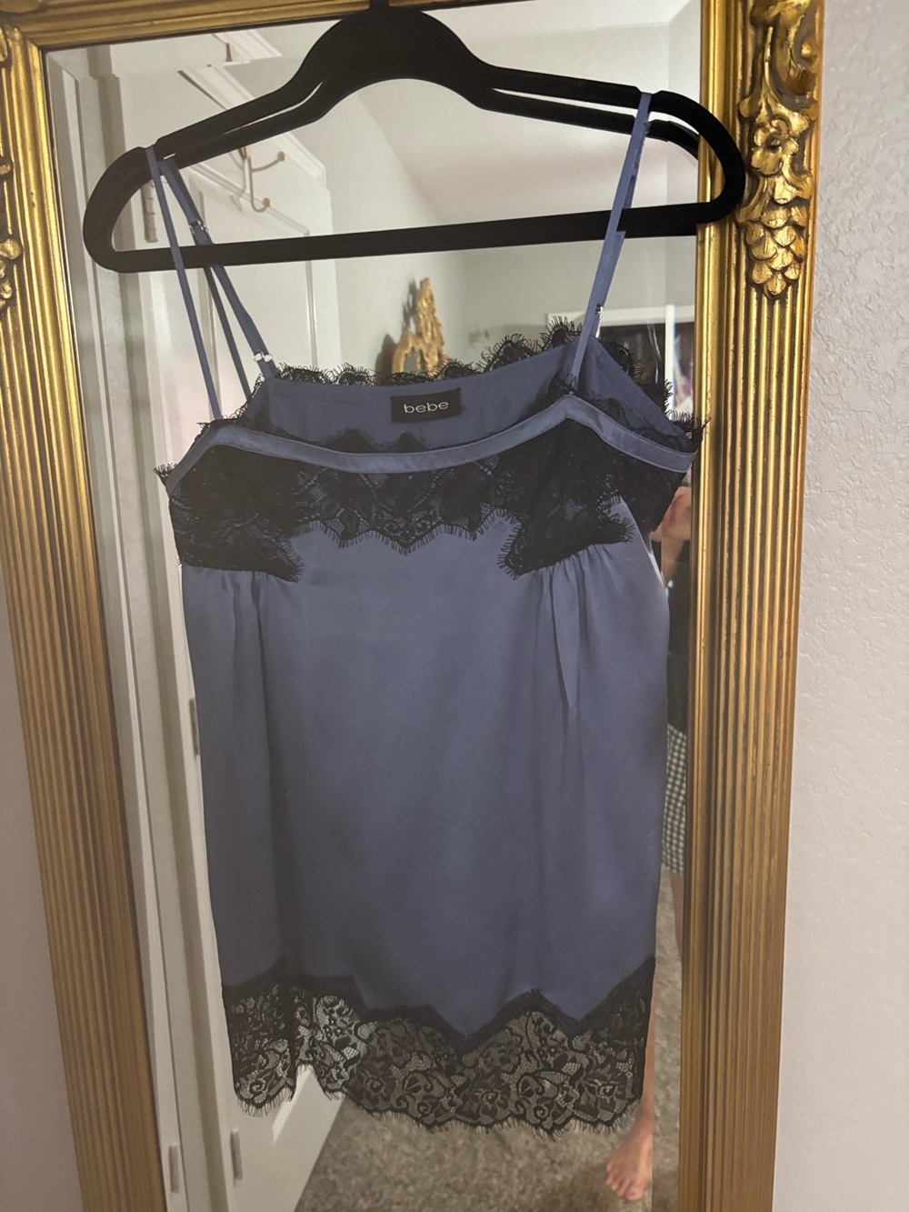 bebe Blue silk cami/top with black eyelash trim size medium